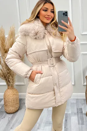 Kirstie Beige Faux Fur Belted Longline Puffer Coat