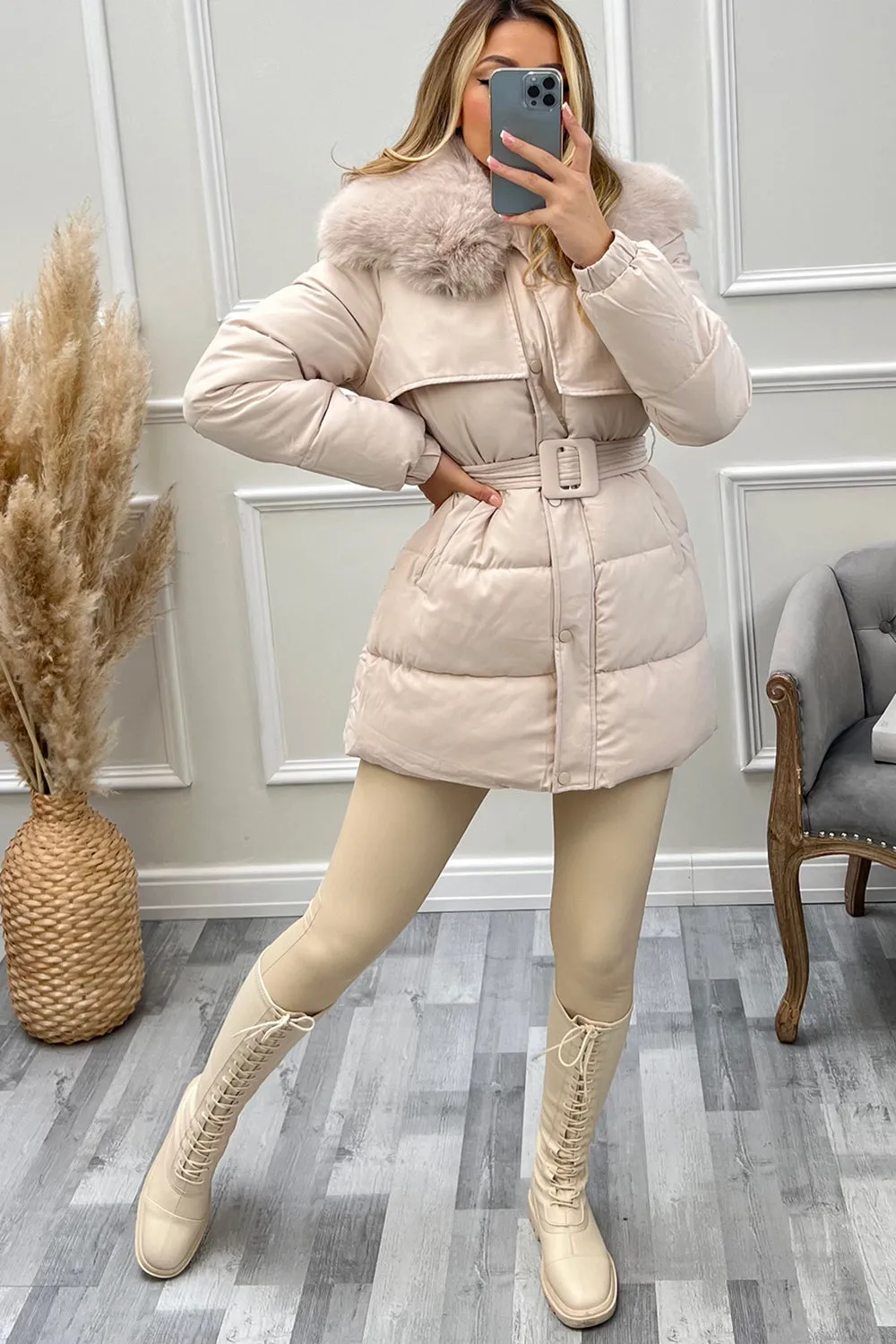 Kirstie Beige Faux Fur Belted Longline Puffer Coat