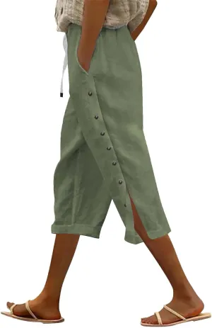 Linen Pants for Women Summer High Waist Elastic Drawstring Straight Leg Lounge Trousers Casual Loose Beach Pants