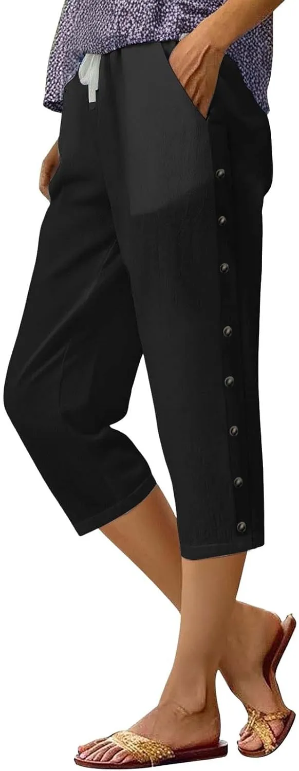 Linen Pants for Women Summer High Waist Elastic Drawstring Straight Leg Lounge Trousers Casual Loose Beach Pants