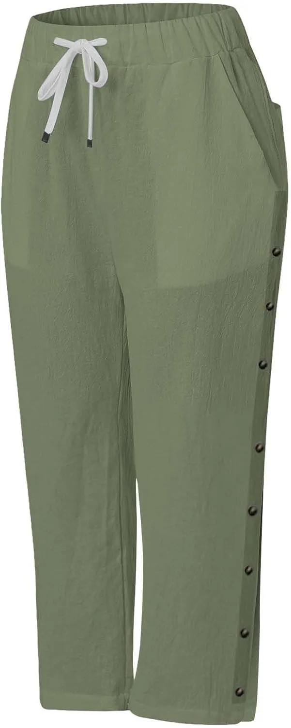 Linen Pants for Women Summer High Waist Elastic Drawstring Straight Leg Lounge Trousers Casual Loose Beach Pants
