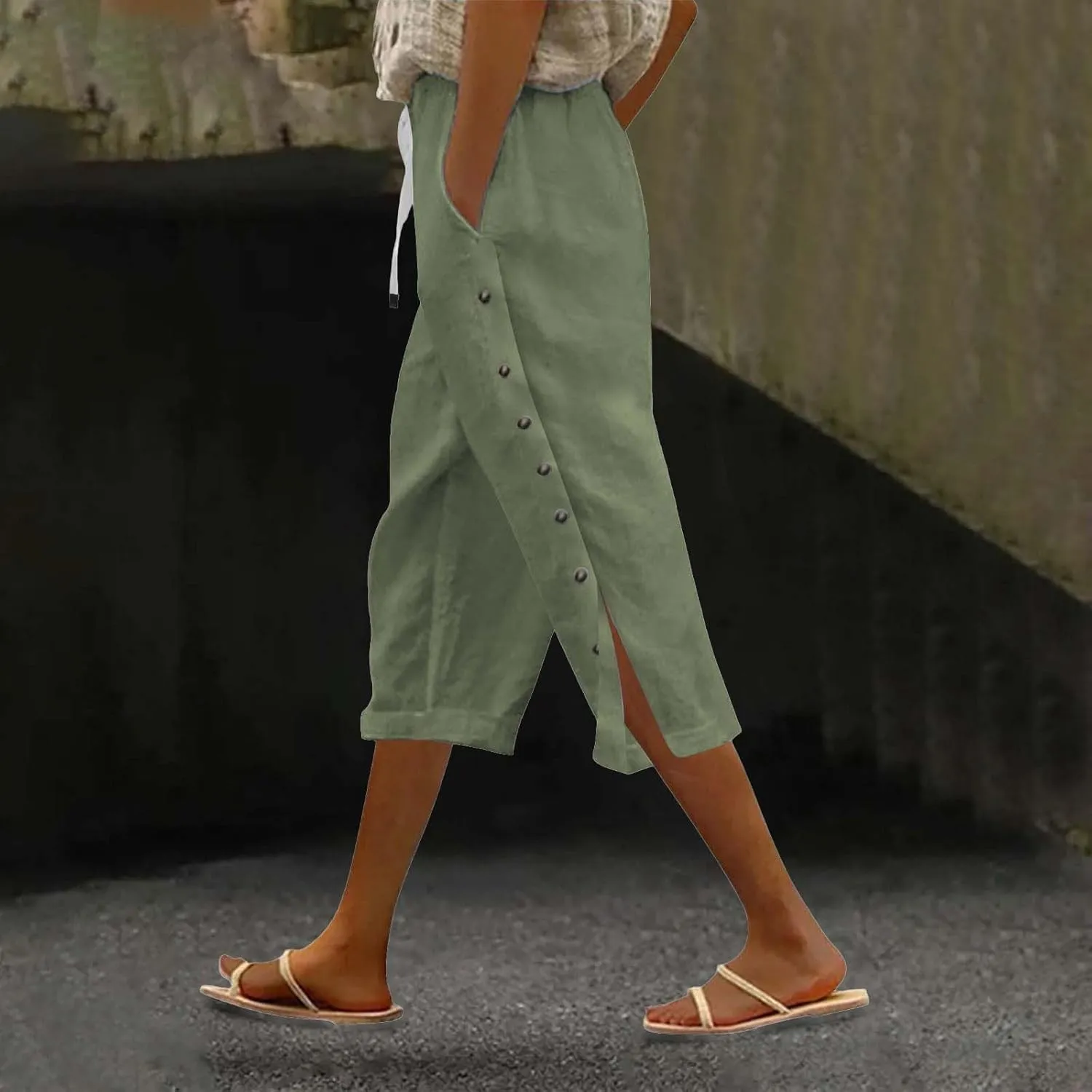 Linen Pants for Women Summer High Waist Elastic Drawstring Straight Leg Lounge Trousers Casual Loose Beach Pants