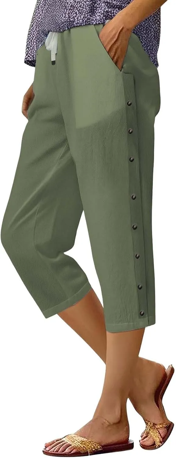 Linen Pants for Women Summer High Waist Elastic Drawstring Straight Leg Lounge Trousers Casual Loose Beach Pants