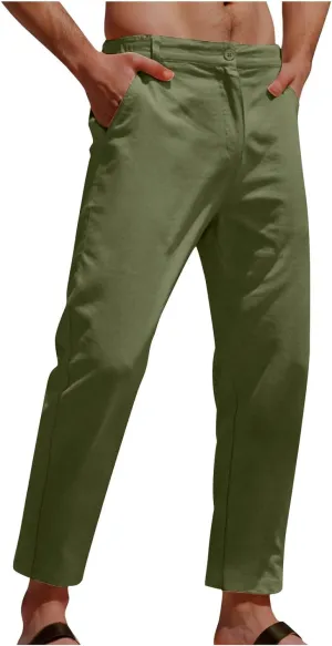 Men's Cotton Linen Pants Stretch Waist Lightweight Casual Pants Slim Fit Yoga Beach Trousers with Pockets