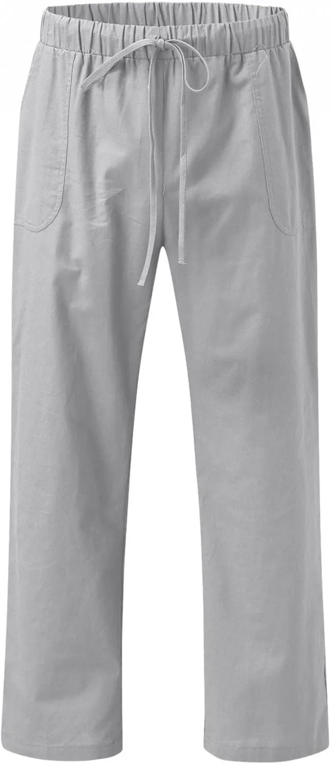 Mens Linen Straight Pants Drawstring Straight Elastic Waist Lightweight Casual Loose Pants Stretch Jogger Trousers