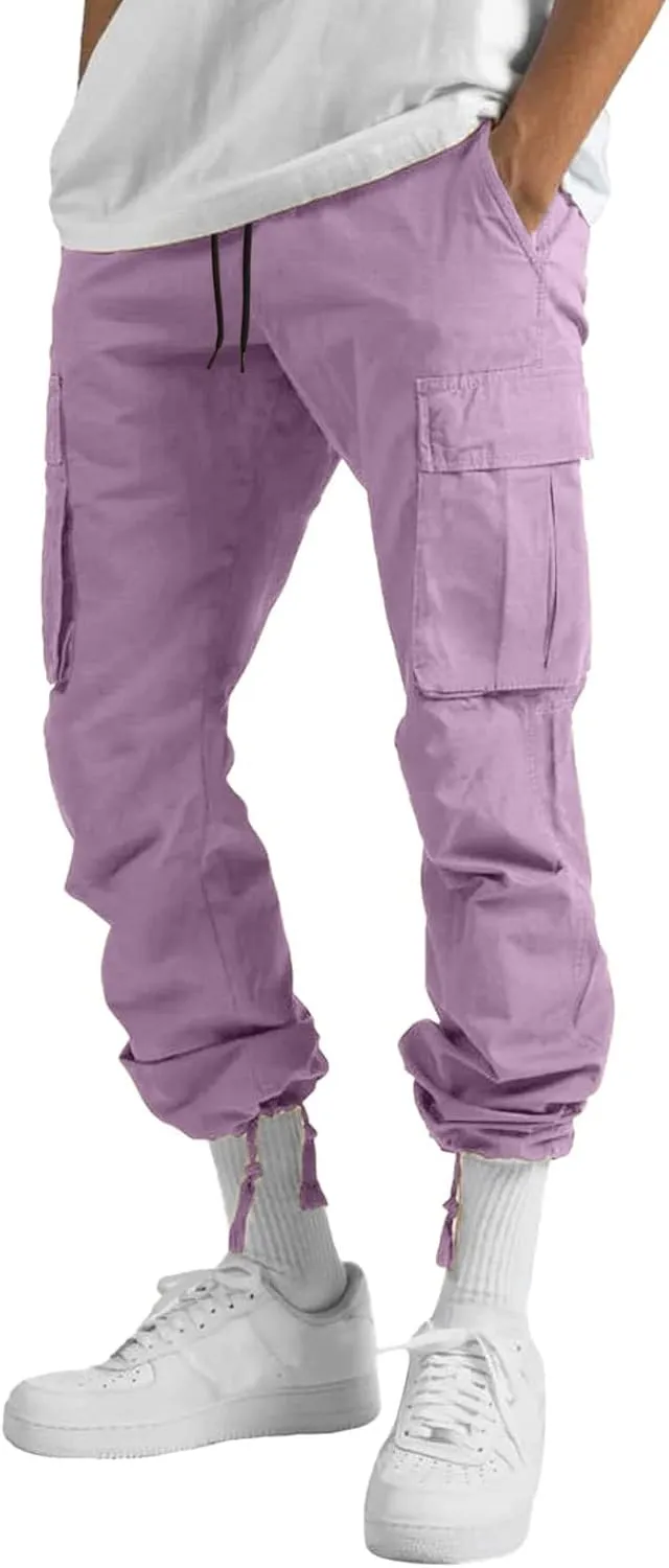Mens Sweatpants Joggers Slim Fit Cargo Pants Plain Casual Straight Leg Trousers Drawstring Slacks with Pockets Trendy