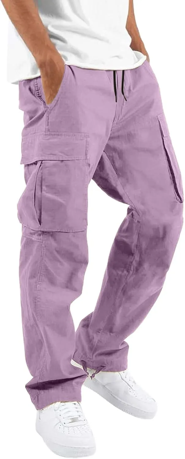 Mens Sweatpants Joggers Slim Fit Cargo Pants Plain Casual Straight Leg Trousers Drawstring Slacks with Pockets Trendy
