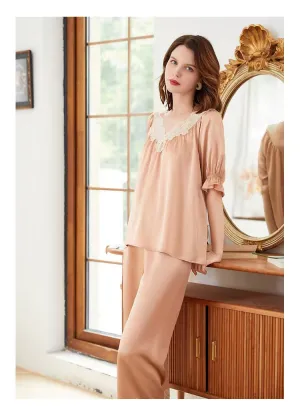 New Arrival|Spring and summer lace pajamas，Women's luxury style fashion pajamas set，elbow sleeve lace-mulberry silk，V-neck.