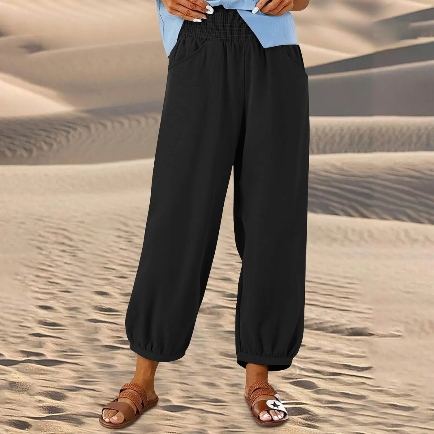 Petite Linen Pants for Women Wide Leg High Waisted Summer Palazzo Pants Lounge Loose Lightweight Flowy Beach Trousers