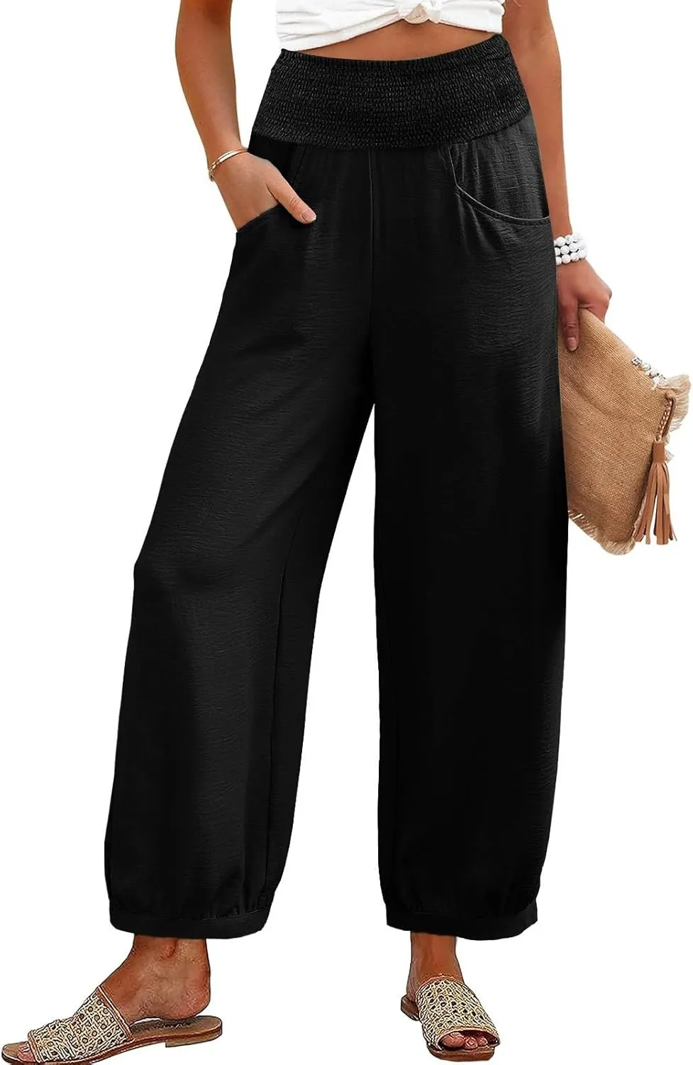 Petite Linen Pants for Women Wide Leg High Waisted Summer Palazzo Pants Lounge Loose Lightweight Flowy Beach Trousers