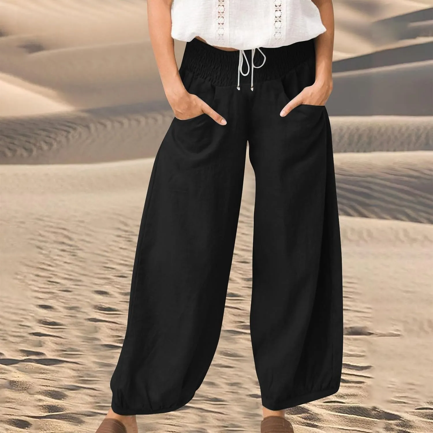 Petite Linen Pants for Women Wide Leg High Waisted Summer Palazzo Pants Lounge Loose Lightweight Flowy Beach Trousers