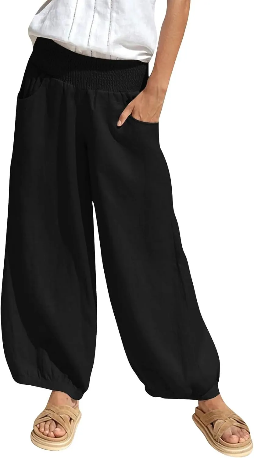Petite Linen Pants for Women Wide Leg High Waisted Summer Palazzo Pants Lounge Loose Lightweight Flowy Beach Trousers