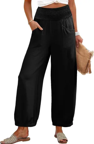 Petite Linen Pants for Women Wide Leg High Waisted Summer Palazzo Pants Lounge Loose Lightweight Flowy Beach Trousers