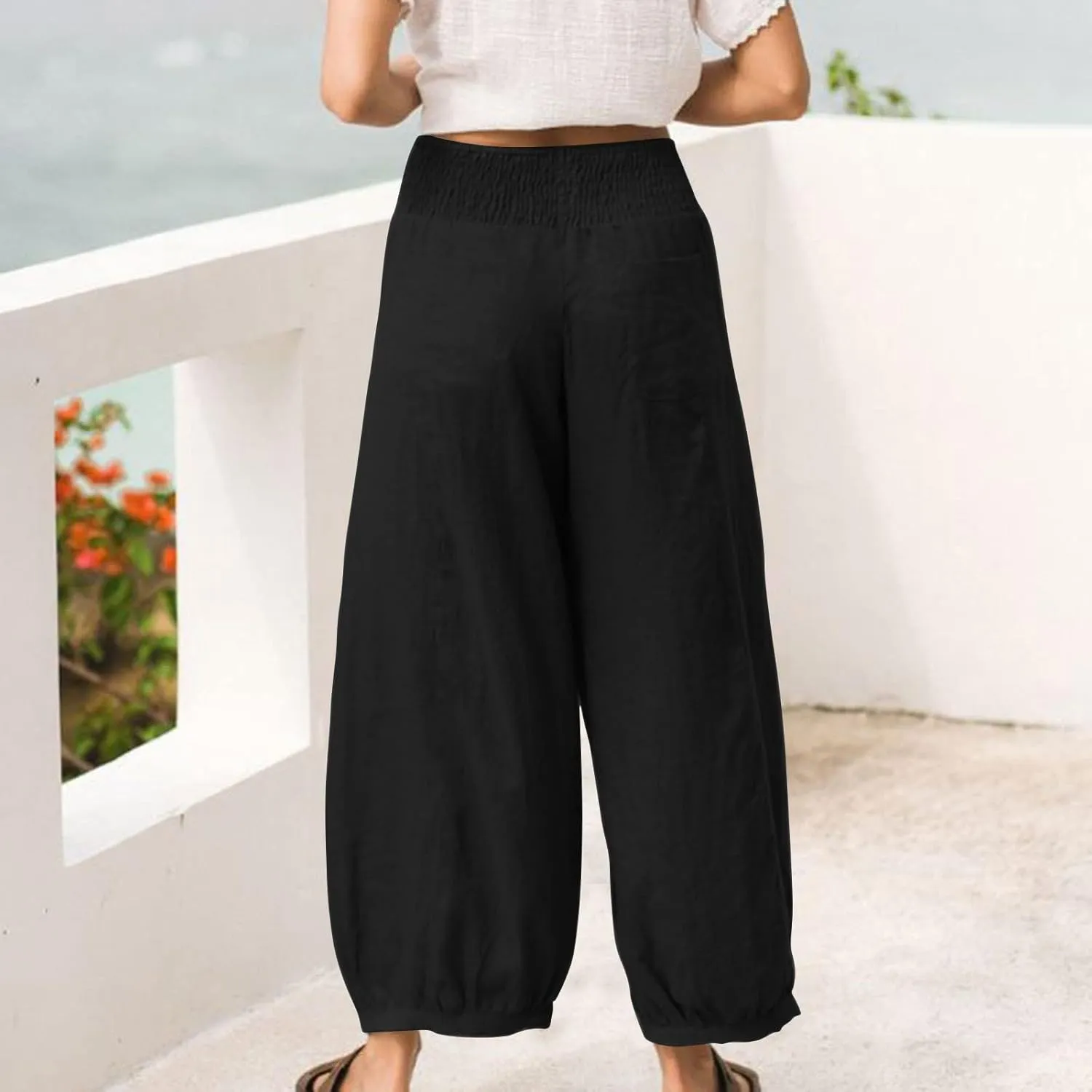 Petite Linen Pants for Women Wide Leg High Waisted Summer Palazzo Pants Lounge Loose Lightweight Flowy Beach Trousers