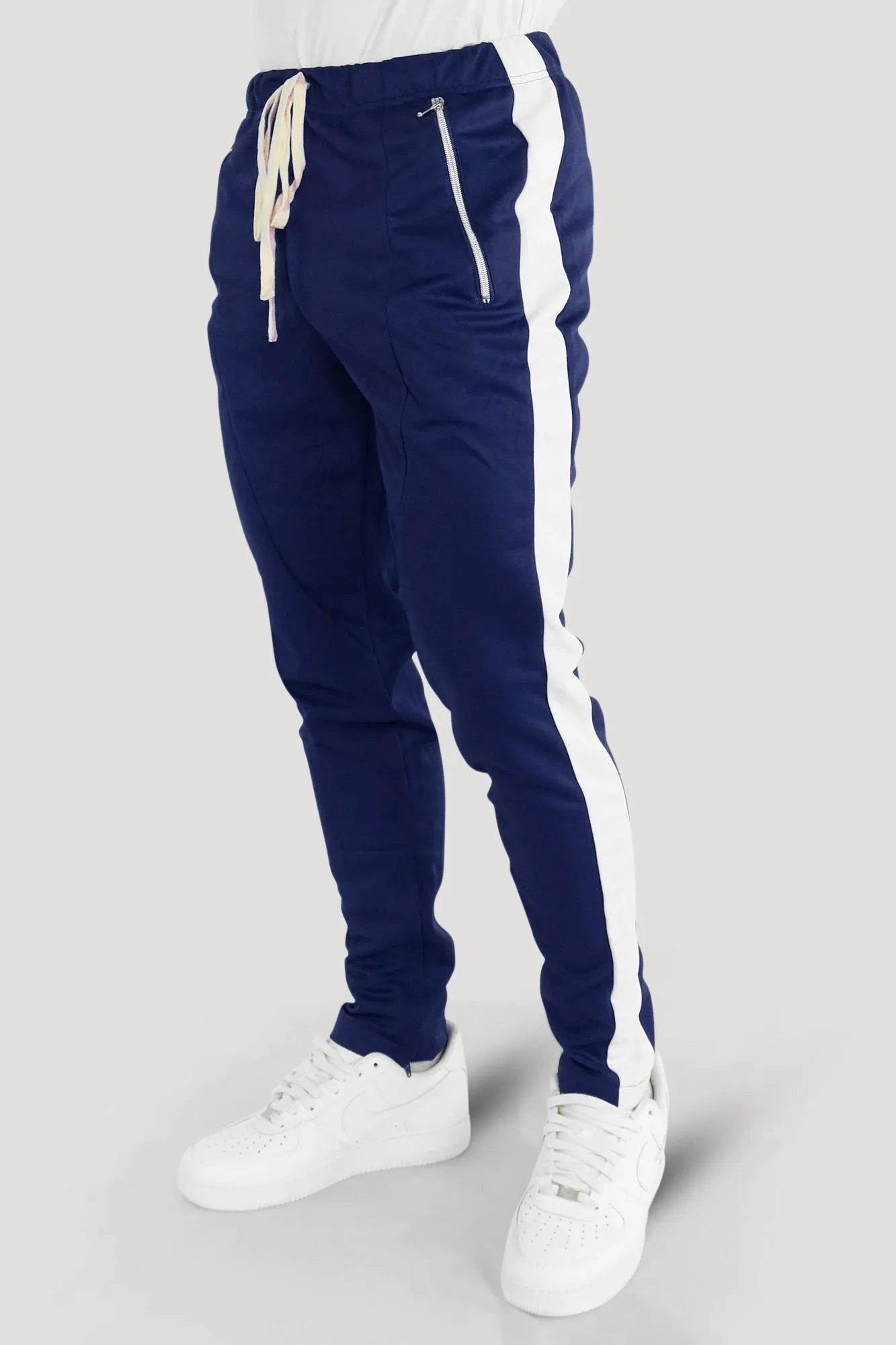 Premium Side Stripe Zip Pocket Track Pants (Navy-White)