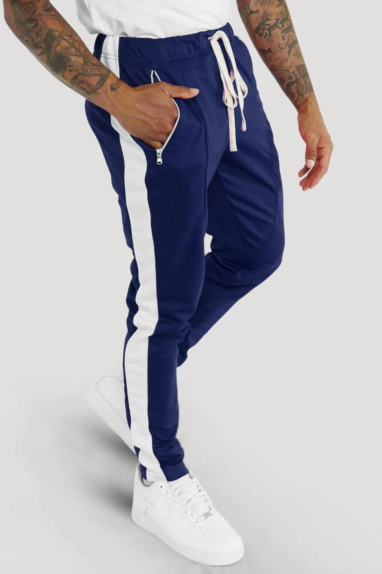 Premium Side Stripe Zip Pocket Track Pants (Navy-White)