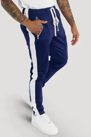 Premium Side Stripe Zip Pocket Track Pants (Navy-White)