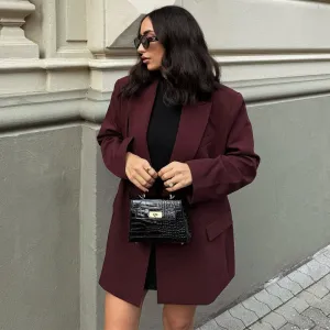 Renelle Burgundy Double Breasted Blazer  Structured Tailored Suit Jacket for Women