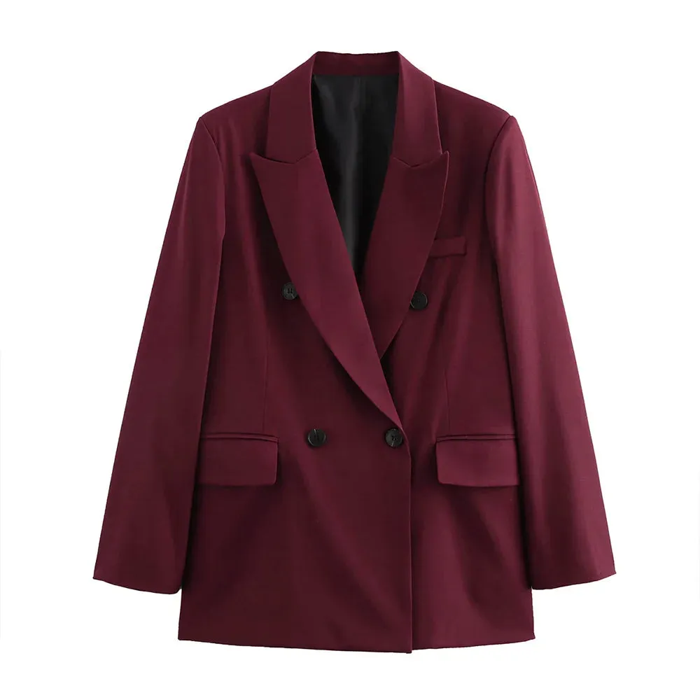 Renelle Burgundy Double Breasted Blazer  Structured Tailored Suit Jacket for Women