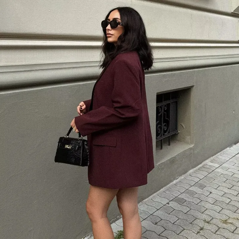 Renelle Burgundy Double Breasted Blazer  Structured Tailored Suit Jacket for Women