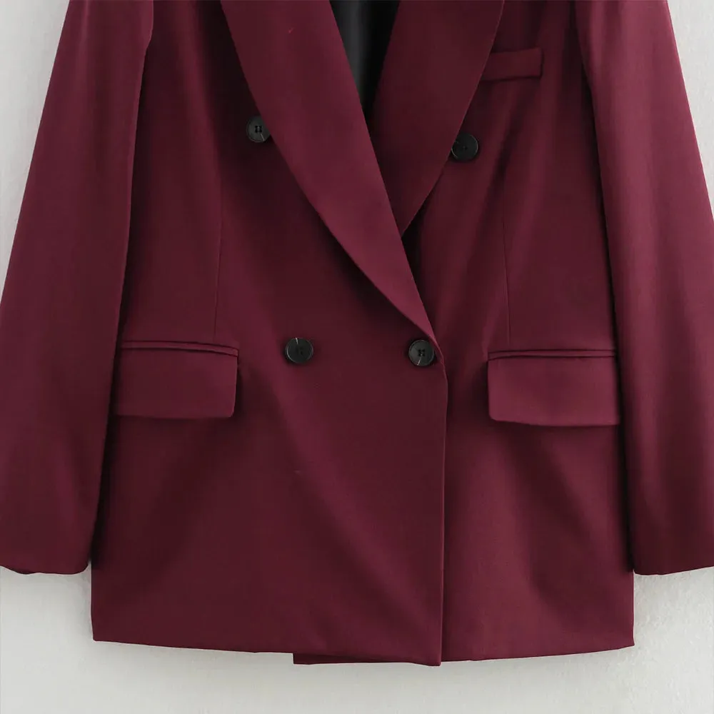 Renelle Burgundy Double Breasted Blazer  Structured Tailored Suit Jacket for Women