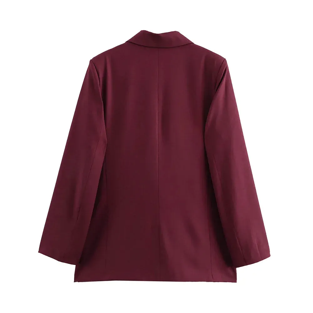 Renelle Burgundy Double Breasted Blazer  Structured Tailored Suit Jacket for Women