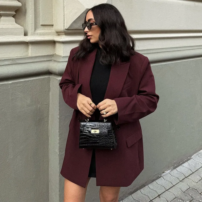 Renelle Burgundy Double Breasted Blazer  Structured Tailored Suit Jacket for Women
