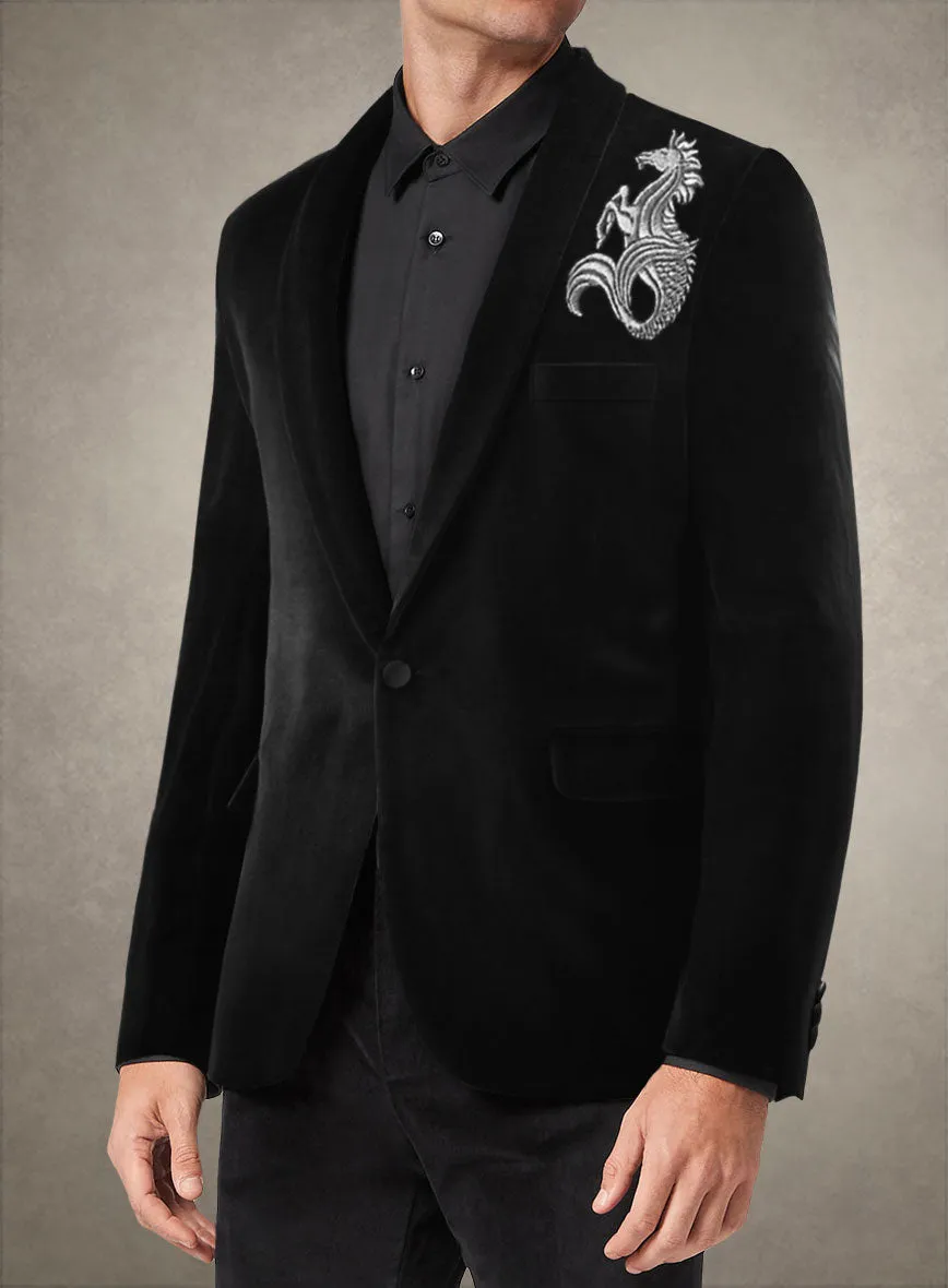 Silver Seahorse Embroidery Velvet Blazer