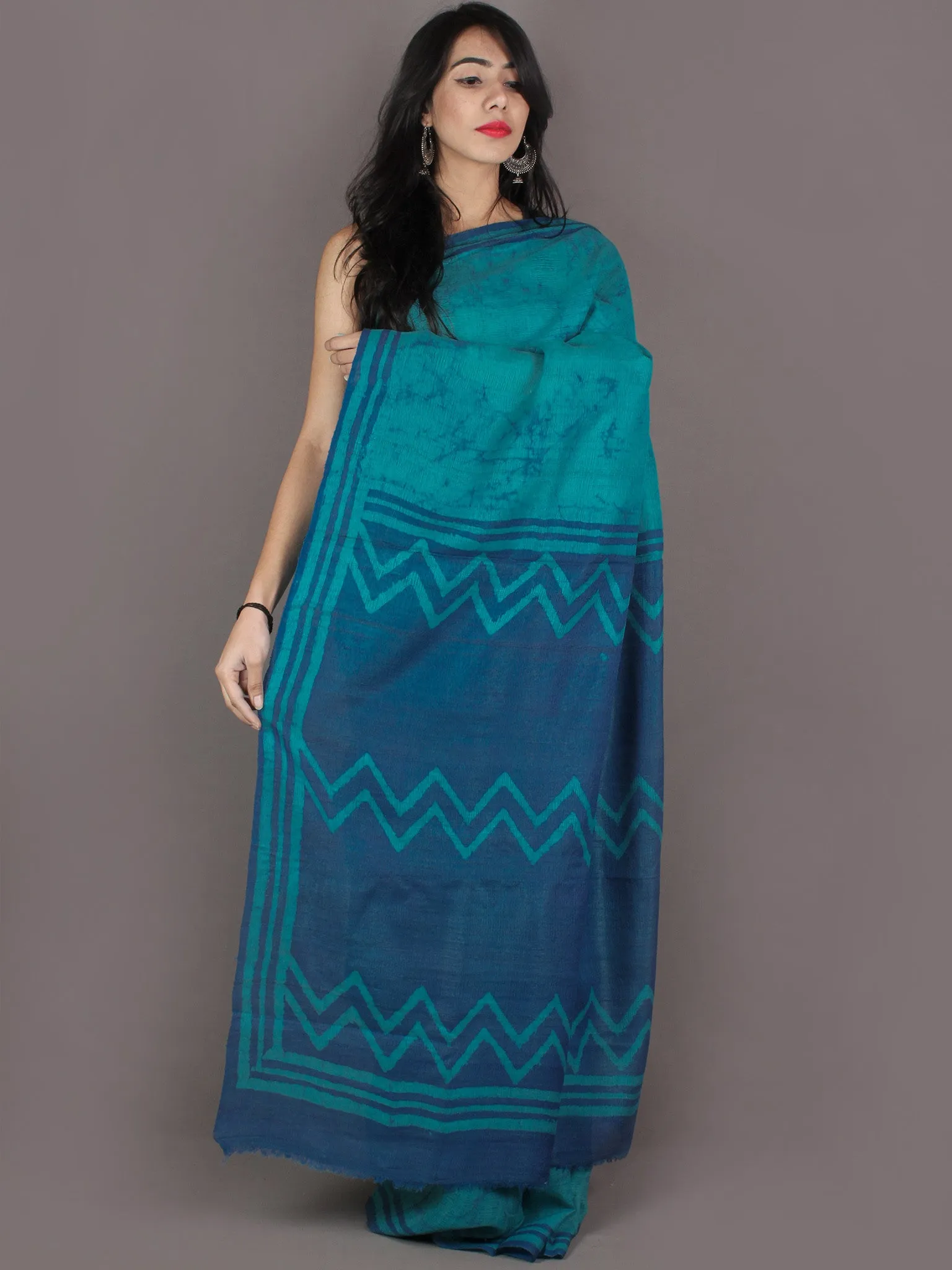 Tussar Handloom Silk Hand Block Printed & Painted Saree in Pine Green - S03170960