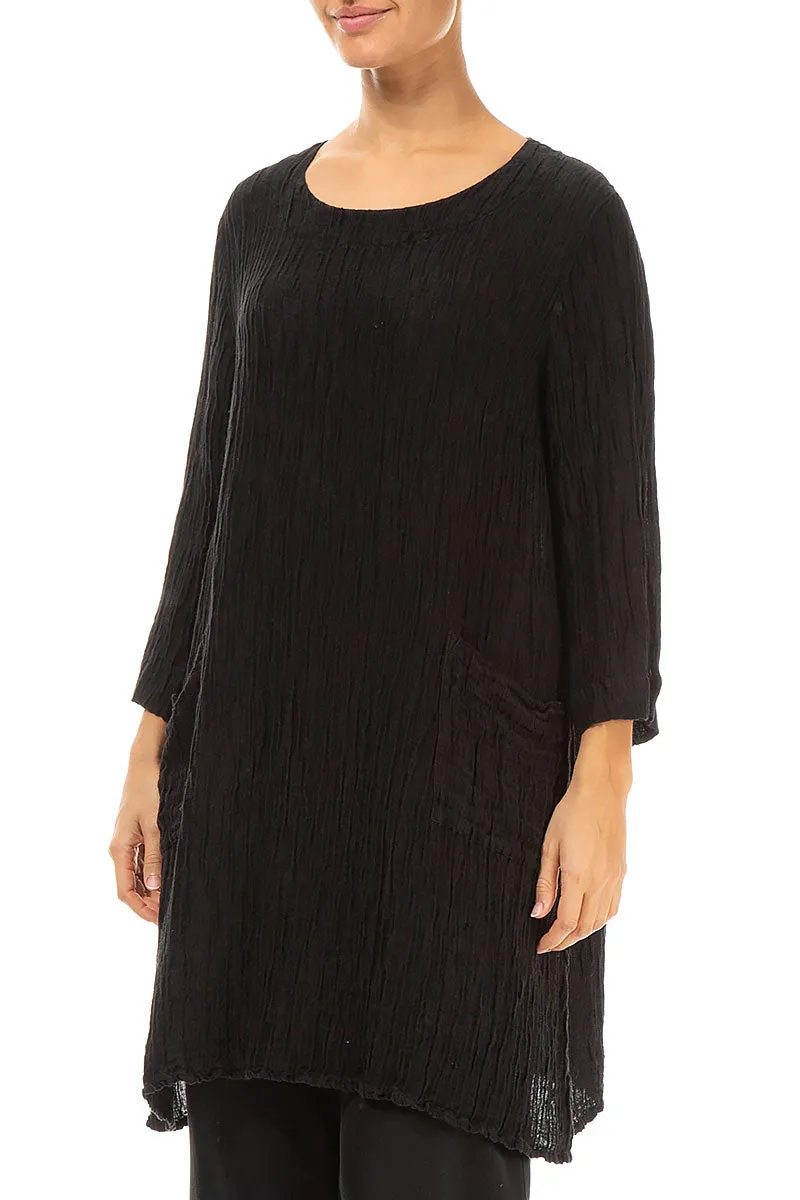 Two Pockets Black Crinkled Silk Tunic