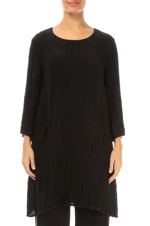 Two Pockets Black Crinkled Silk Tunic