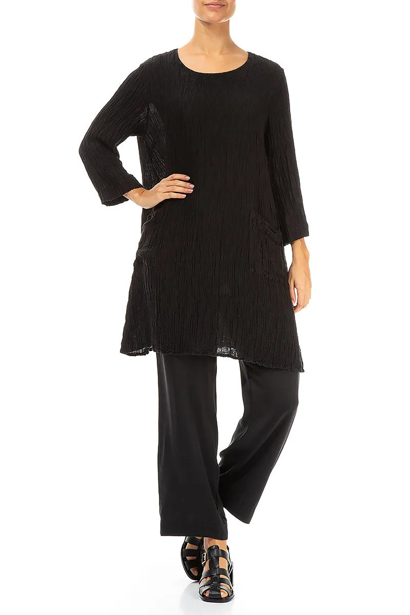 Two Pockets Black Crinkled Silk Tunic