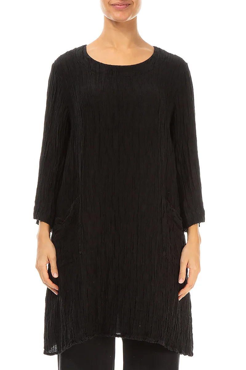 Two Pockets Black Crinkled Silk Tunic