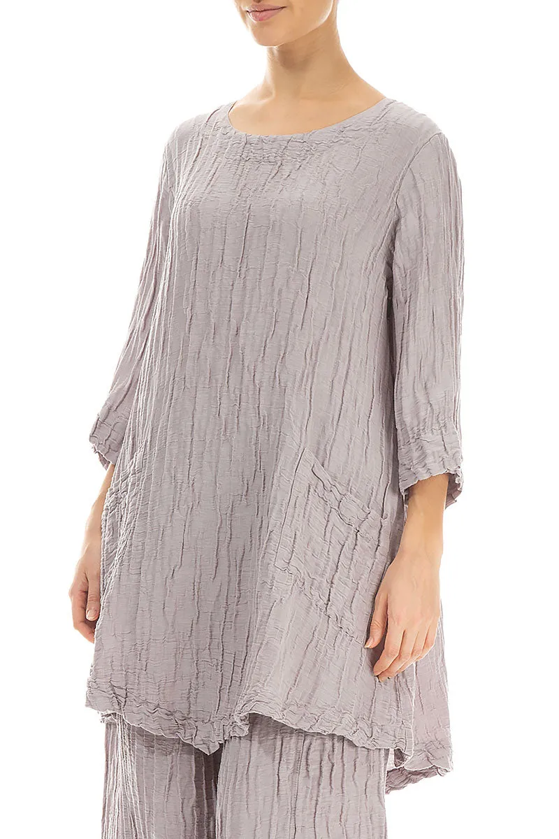 Two Pockets Crinkled Greige Silk Linen Tunic