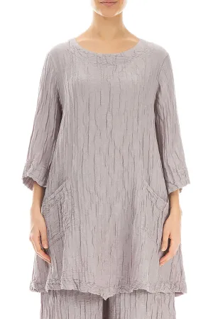 Two Pockets Crinkled Greige Silk Linen Tunic