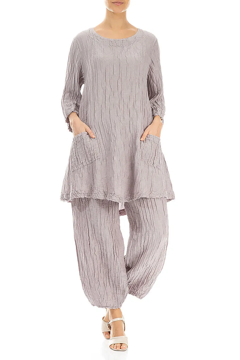 Two Pockets Crinkled Greige Silk Linen Tunic