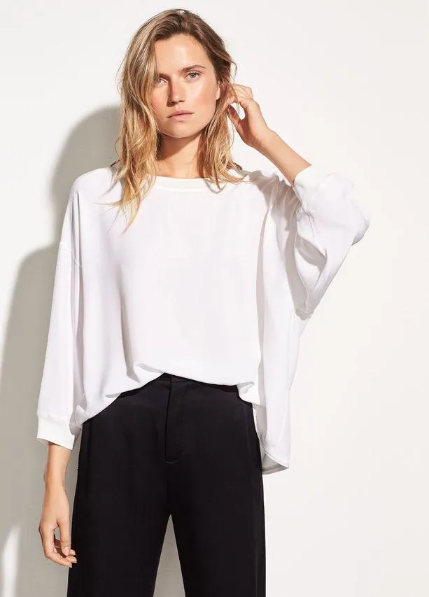VINC - Silk-Satin Back Crepe Top in White Chalk