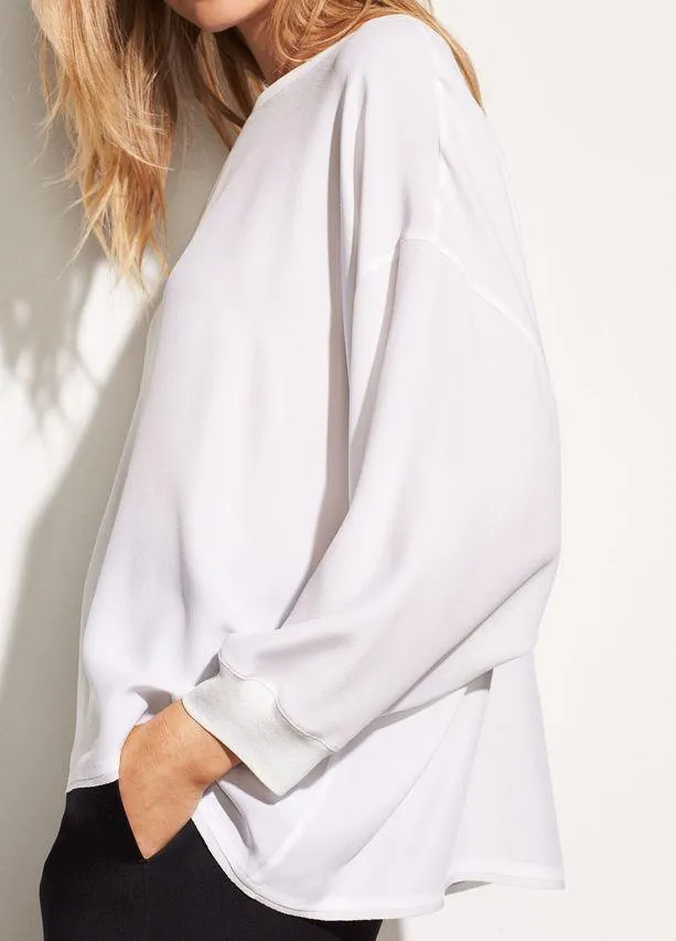 VINC - Silk-Satin Back Crepe Top in White Chalk