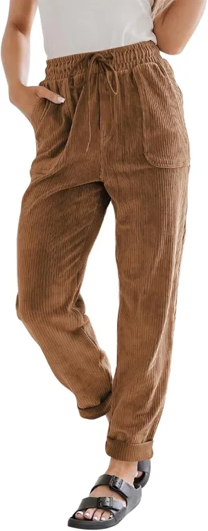 Womens Corduroy Pants Casual Drawstring High Waist Straight Leg Pants Vintage Loose Comfy Pants Trousers with Pockets