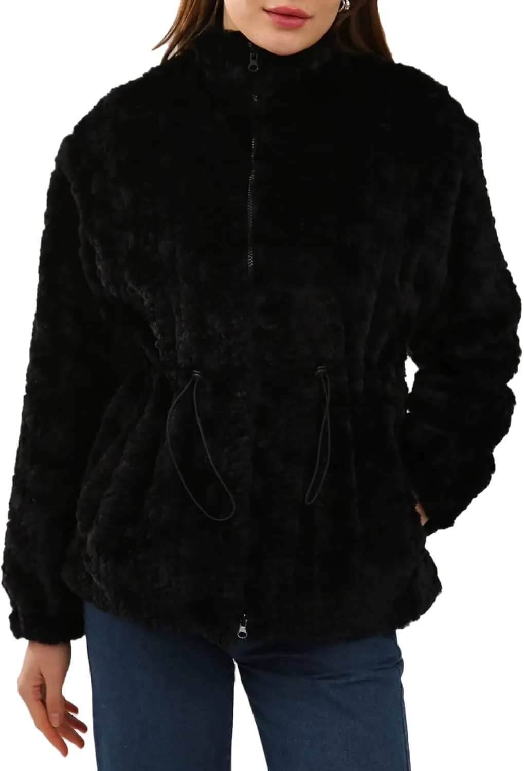 Women's Faux Fur  Zip Up Drawstring Jacket