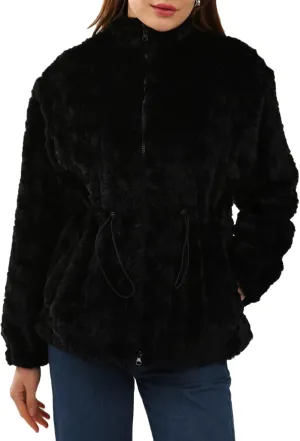 Women's Faux Fur  Zip Up Drawstring Jacket