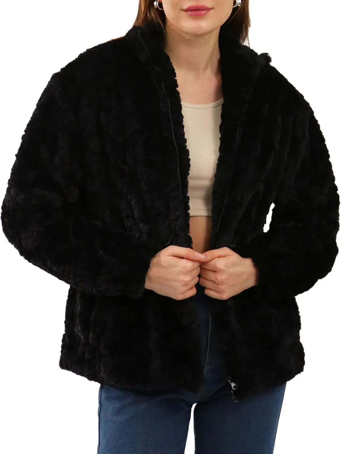 Women's Faux Fur  Zip Up Drawstring Jacket