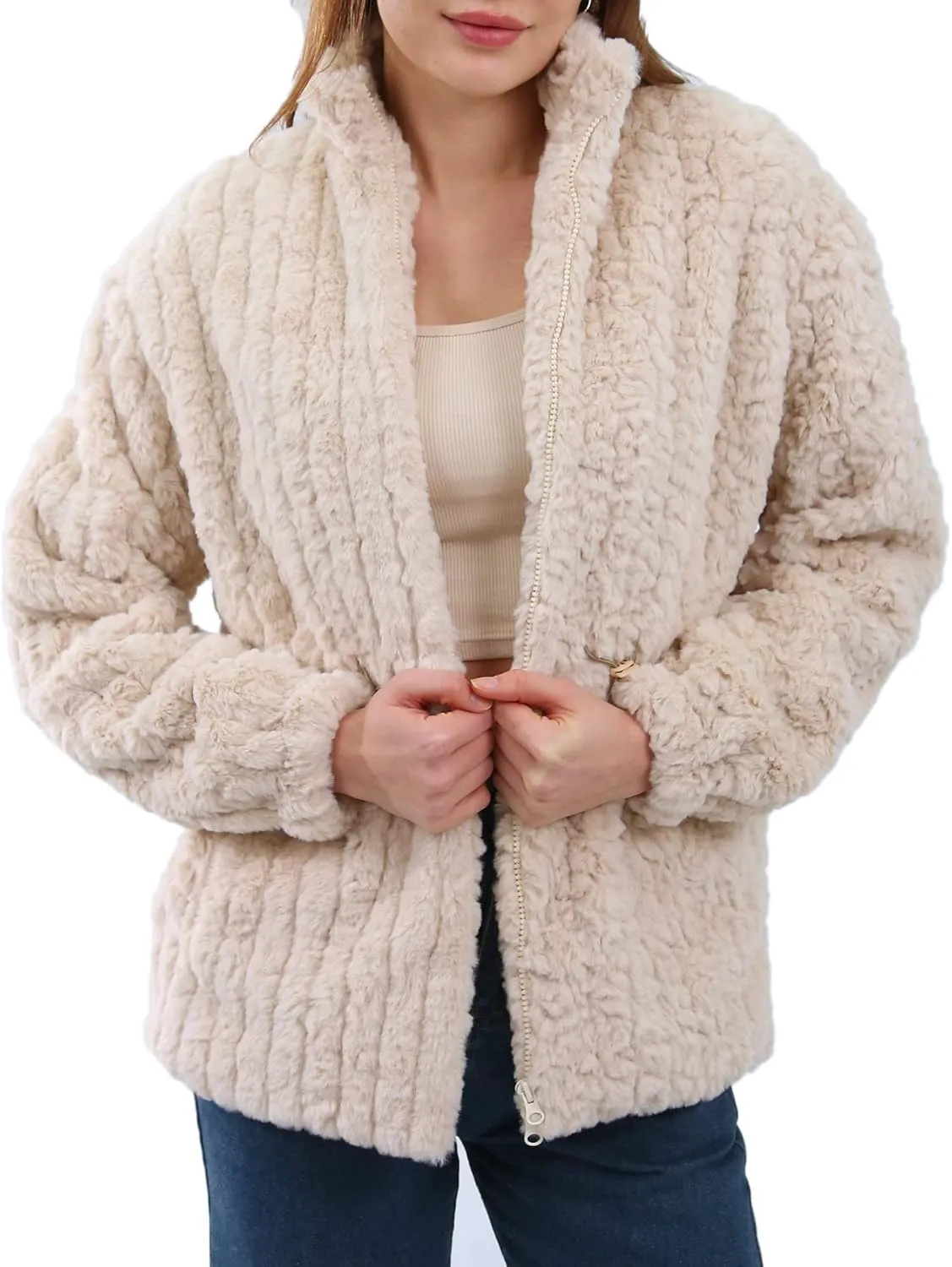 Women's Faux Fur  Zip Up Drawstring Jacket