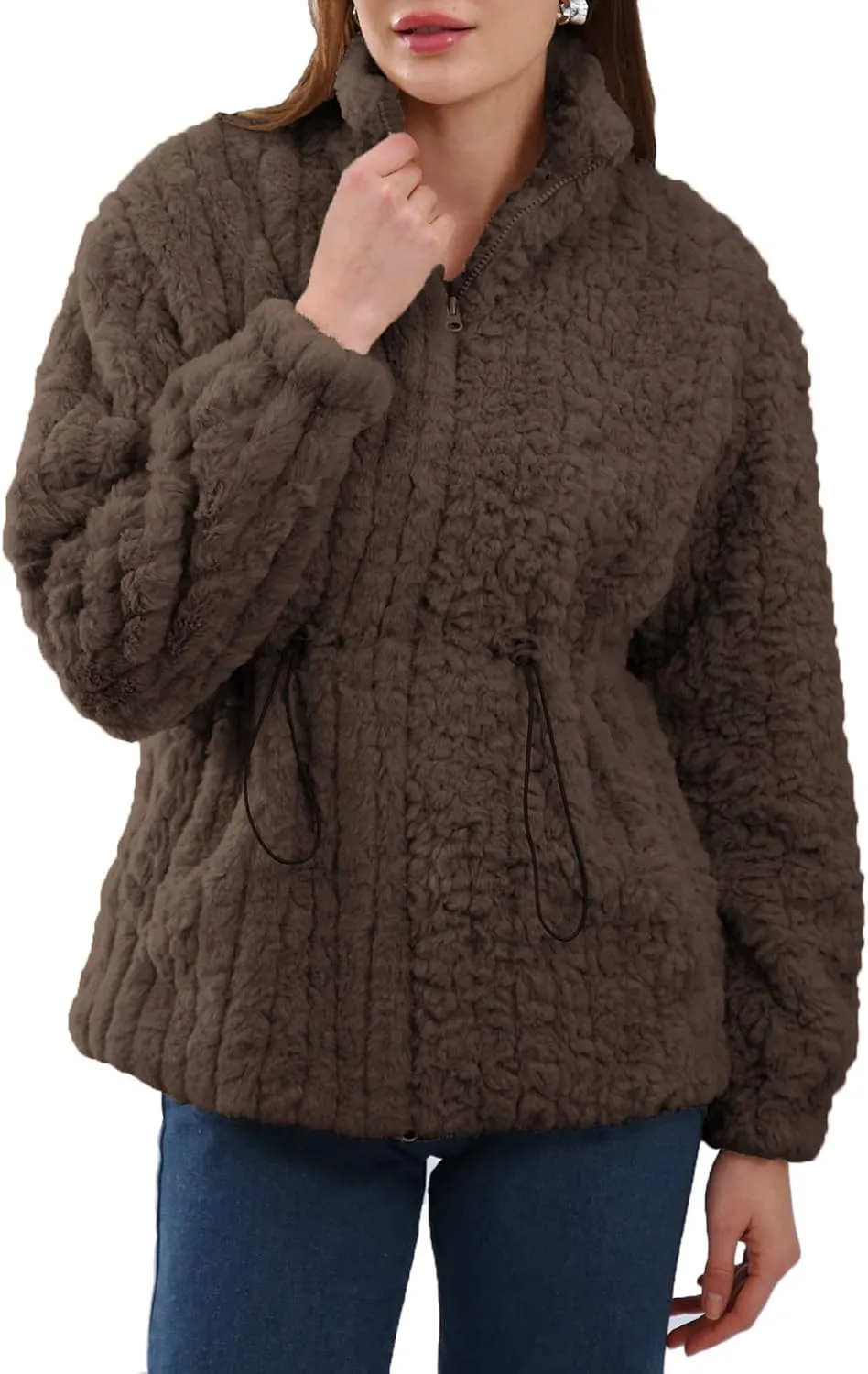 Women's Faux Fur  Zip Up Drawstring Jacket