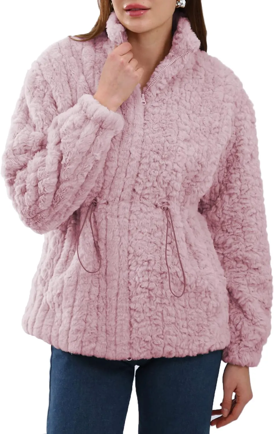 Women's Faux Fur  Zip Up Drawstring Jacket
