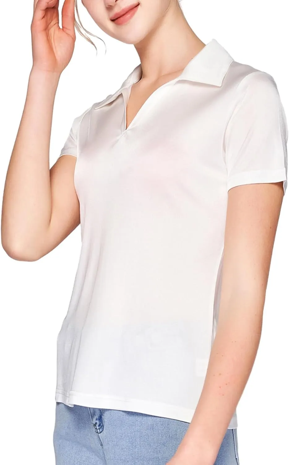 Women's Silk Polo Shirts Collar V Neck Golf Tee Top Short Sleeve Business Casual Tunic Blouses